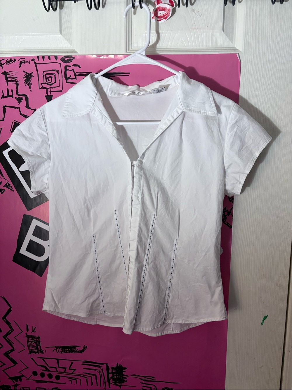 White Short-Sleeve Zip Front Blouse